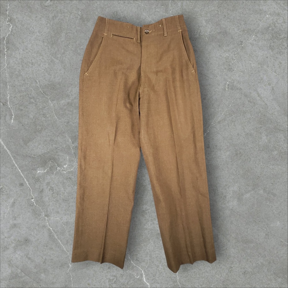 Vintage 1940s Military Wool Trousers Men 28x32 Brown Button Fly Straight Leg WW2